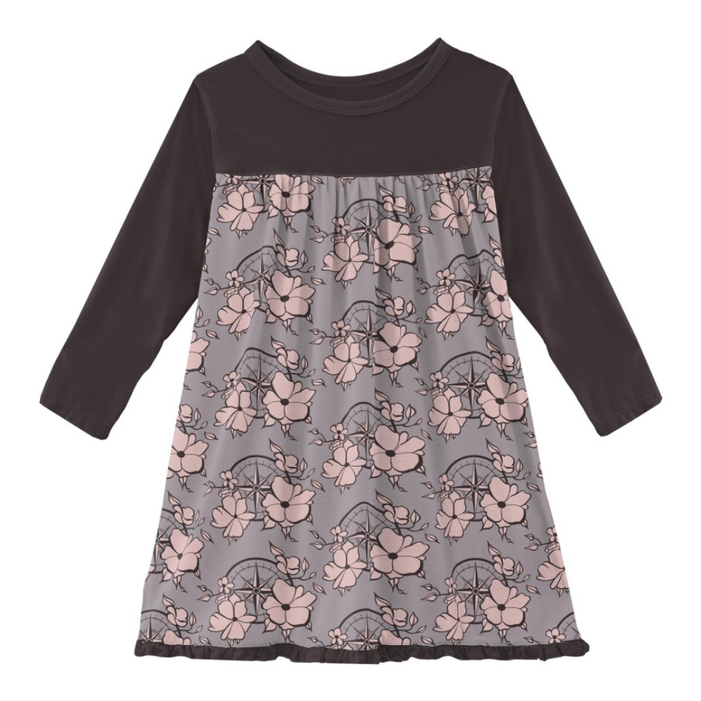 NWT Kickee Pants Long Sleeve Swing Dress, Feather Nautical Floral, 4T